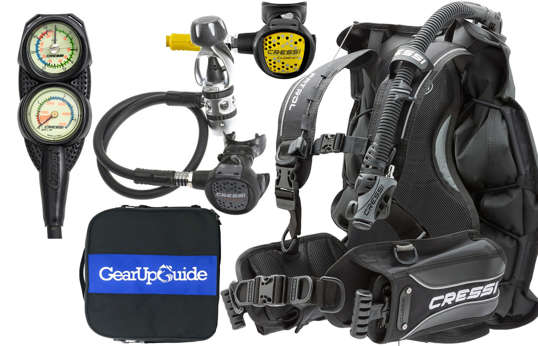 Cressi Patrol BCD Scuba Diving Gear w/ AC2 Compact Regulator, Compact Octo, Console & GupG Regulator Bag