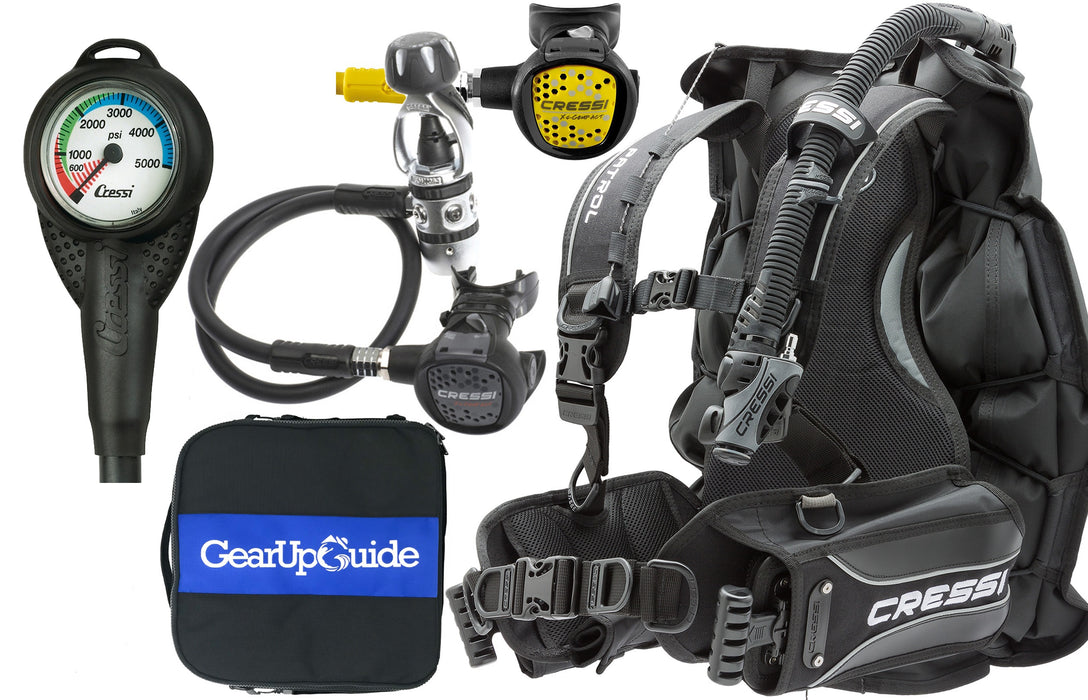 Cressi Patrol BCD Scuba Diving Gear w/ AC2 Compact Regulator, Compact Octo, Console & GupG Regulator Bag