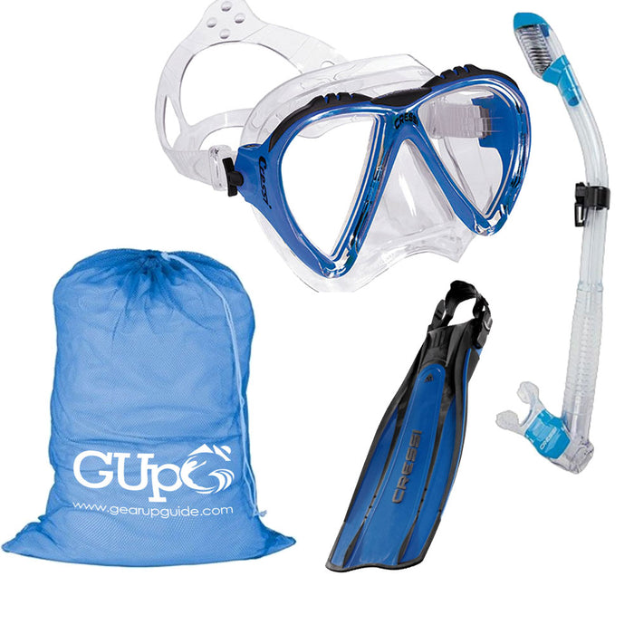 Cressi Lince Mask, Supernova Dry Snorkel, Pro Light Fins Snorkel Set w/ GupG Mesh Travel Bag